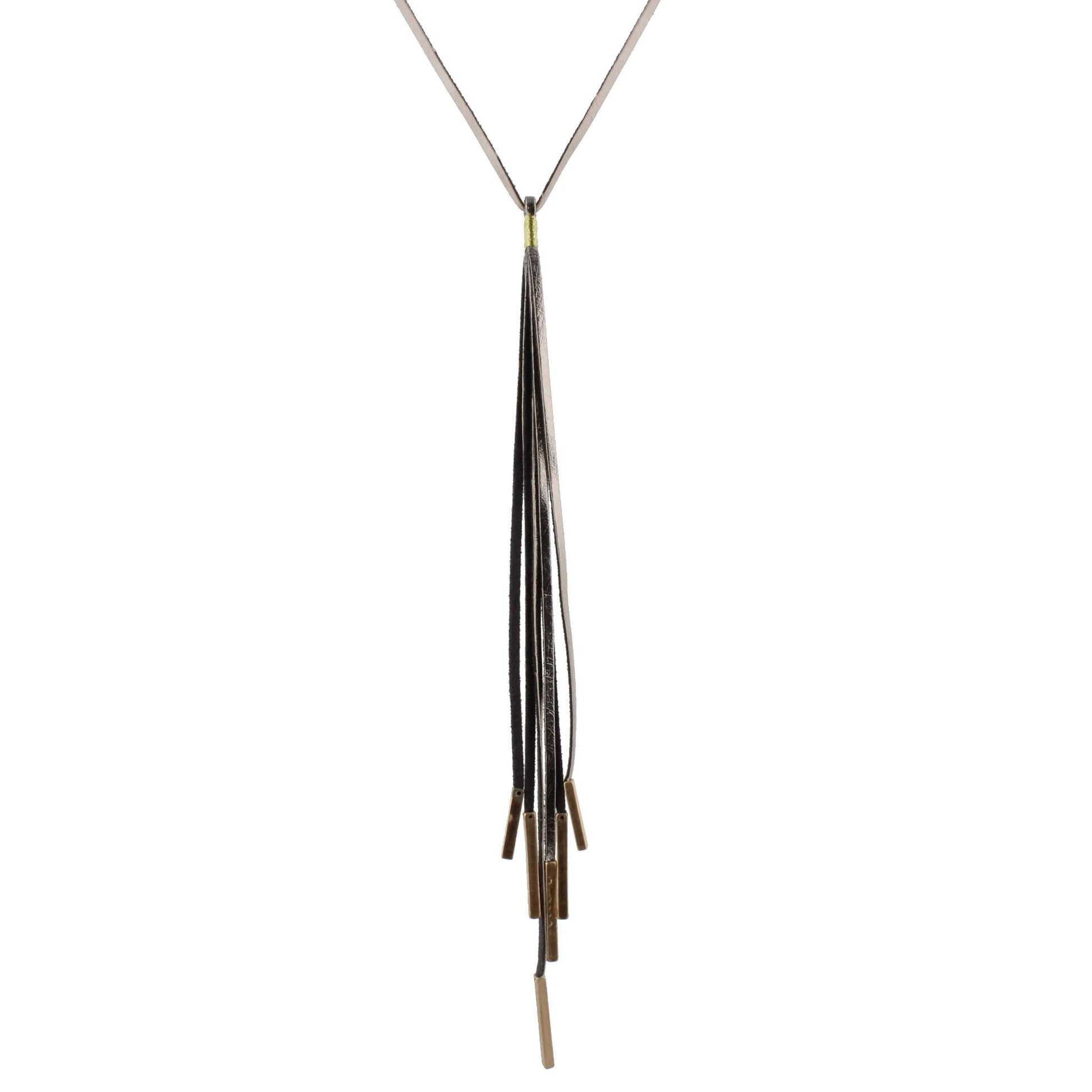 28" Metallic Grey Leather Necklace with Mettalic Grey 10" Tassel and Gold Rectangle Endings, 3" Ext
