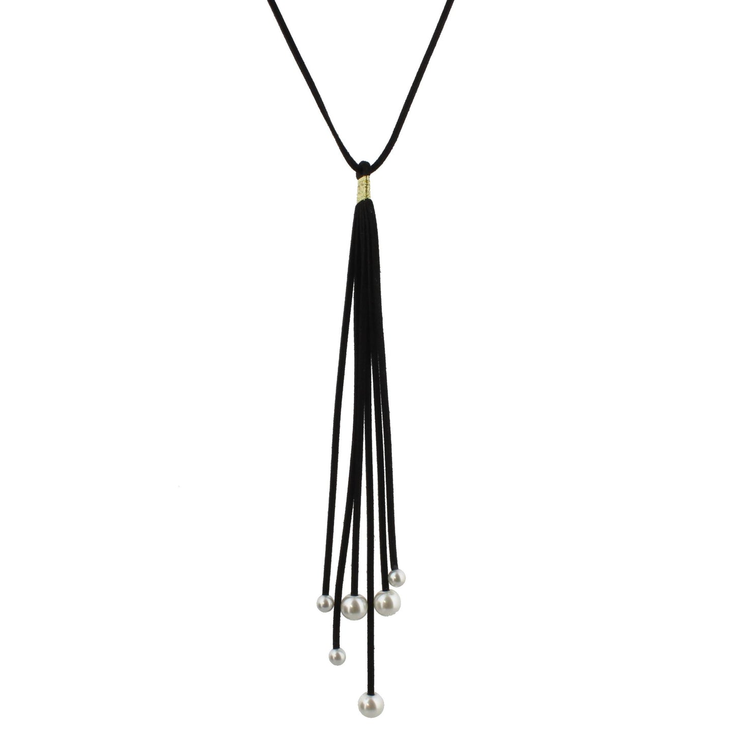 28" Jet Leather Necklace with Jet 10" Tassel and Pearl Endings, 3" Ext