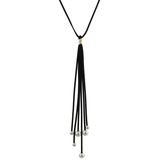 28" Jet Leather Necklace with Jet 10" Tassel and Pearl Endings, 3" Ext