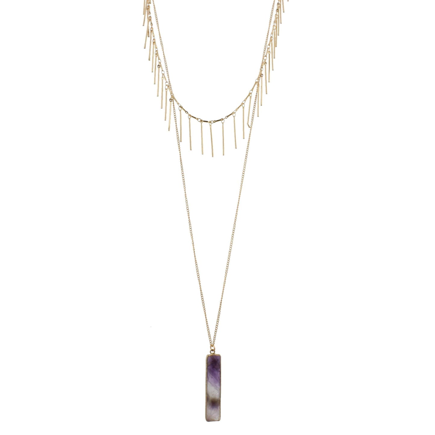 18" 30" Gold Chain Necklace with Gold Fringe Layer and Amethyst Rectangle, 3" Ext