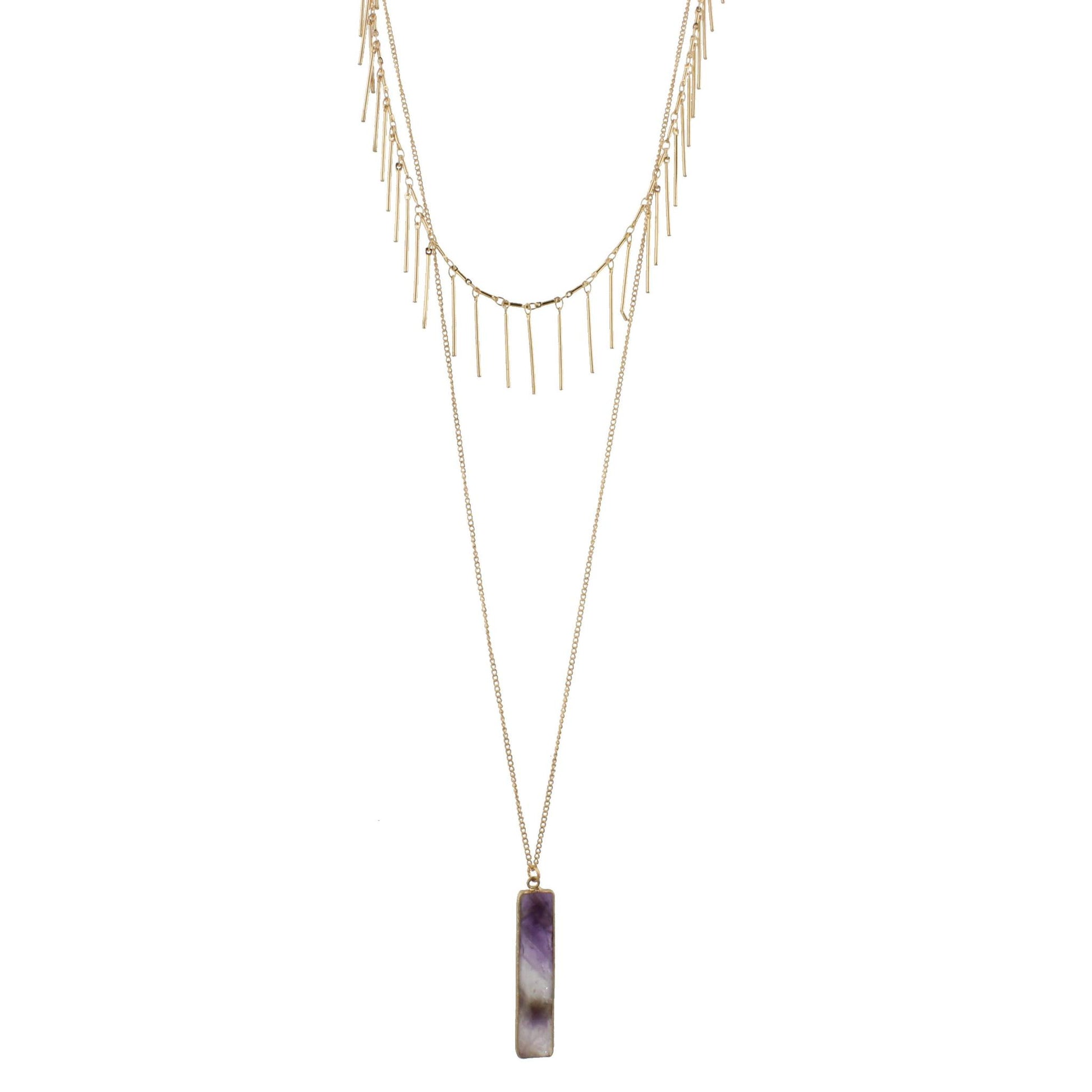 18" 30" Gold Chain Necklace with Gold Fringe Layer and Amethyst Rectangle, 3" Ext