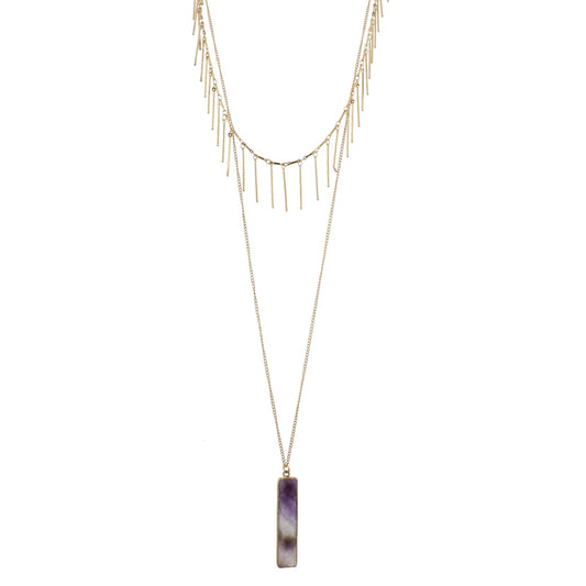 18" 30" Gold Chain Necklace with Gold Fringe Layer and Amethyst Rectangle, 3" Ext