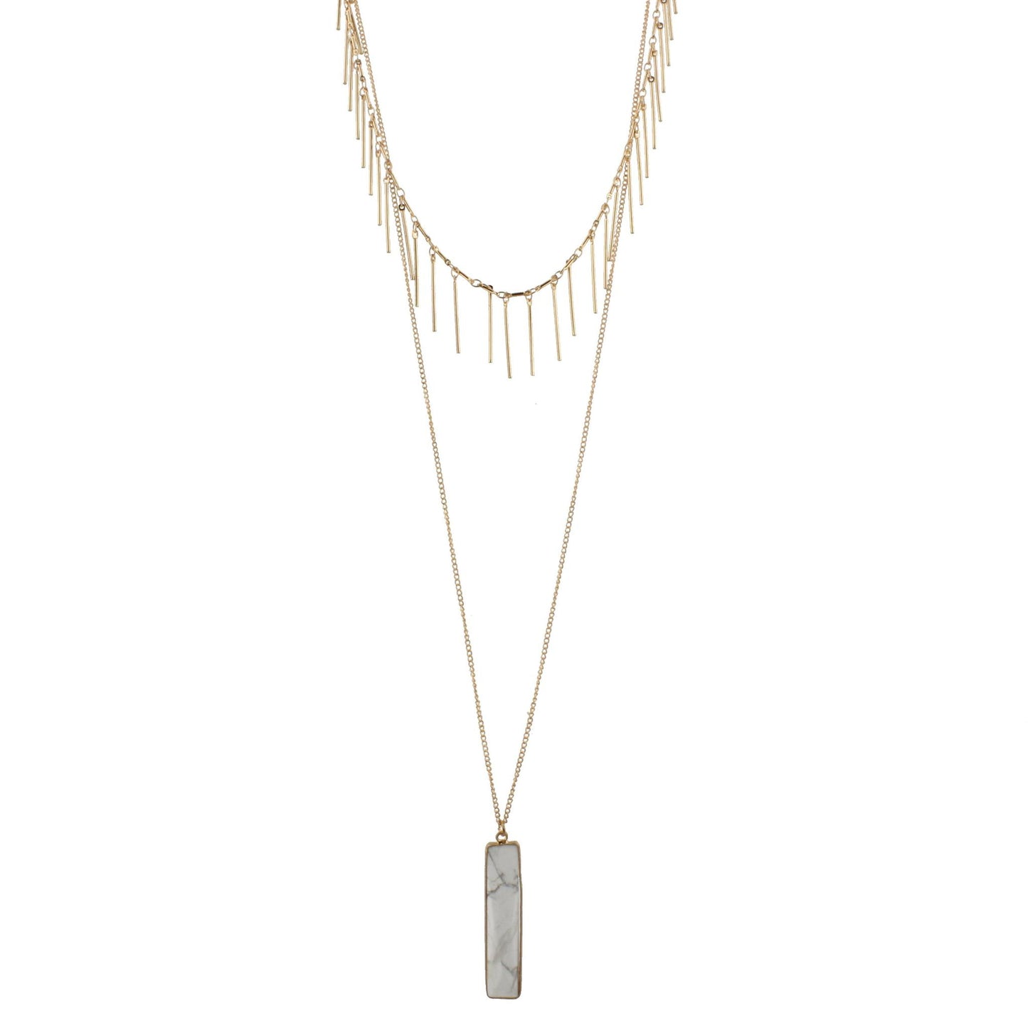 Gold Chain Necklace with Gold Fringe Layer and Howlite Rectangle, 3" Ext