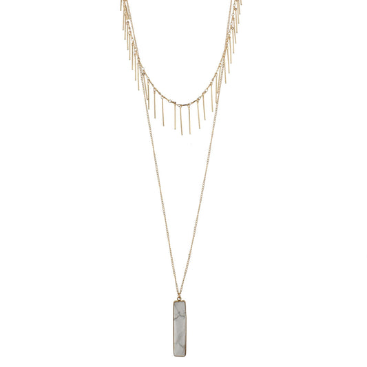 Gold Chain Necklace with Gold Fringe Layer and Howlite Rectangle, 3" Ext