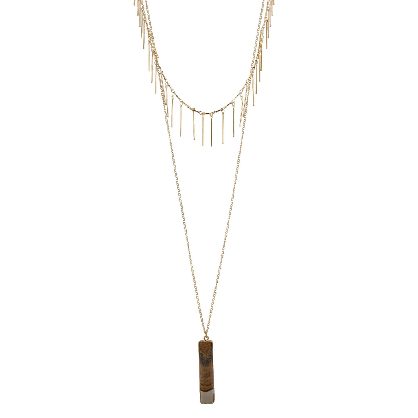 Gold Chain Necklace with Gold Fringe Layer and Picture Jasper Rectangle, 3" Ext