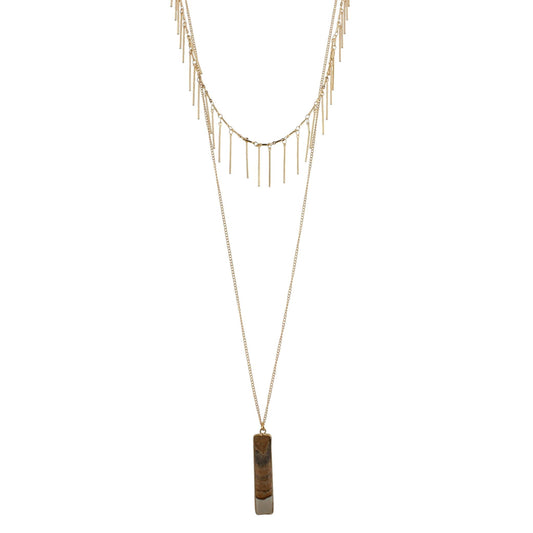 Gold Chain Necklace with Gold Fringe Layer and Picture Jasper Rectangle, 3" Ext