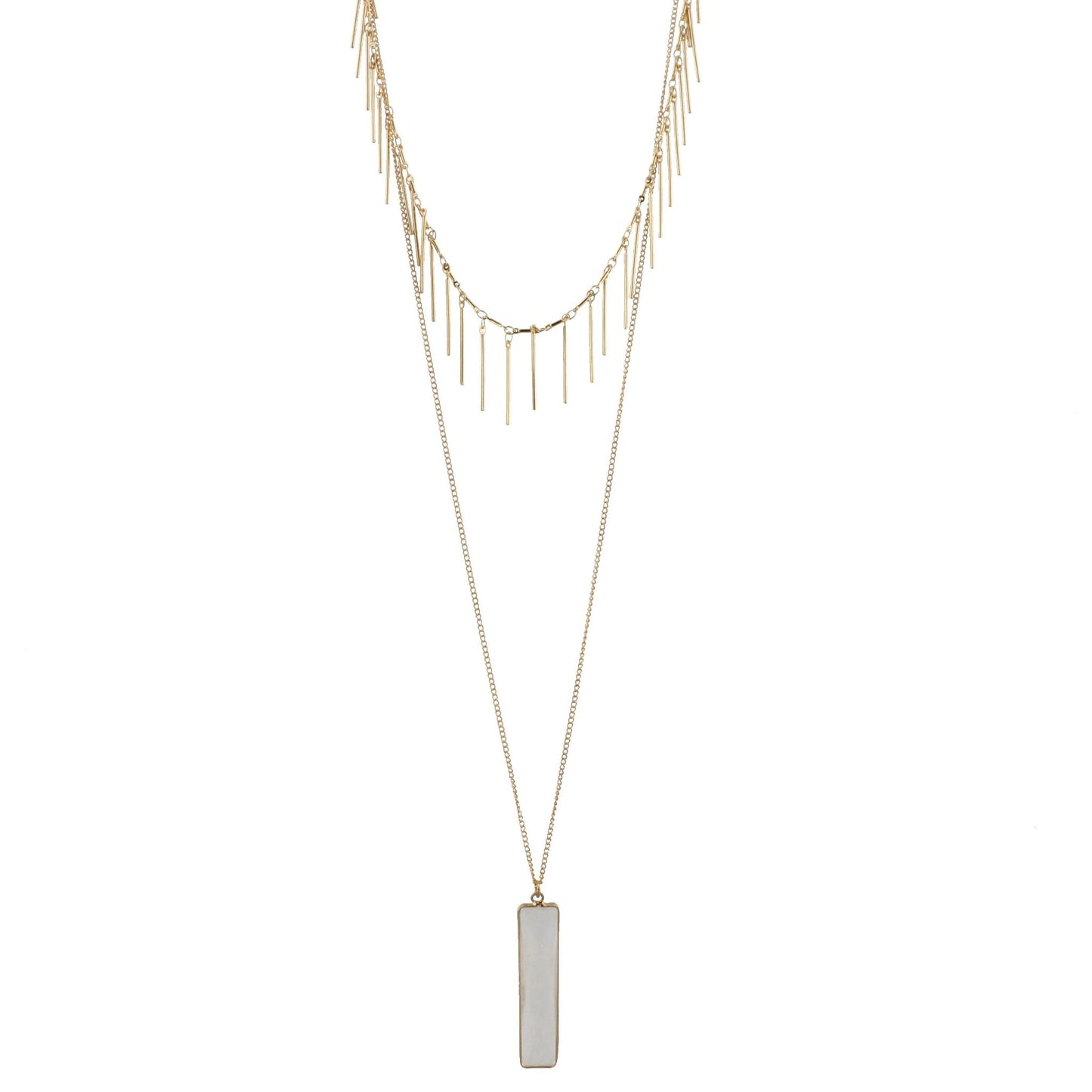 Gold Chain Necklace with Gold Fringe Layer and Clear Quartz Rectangle, 3" Ext