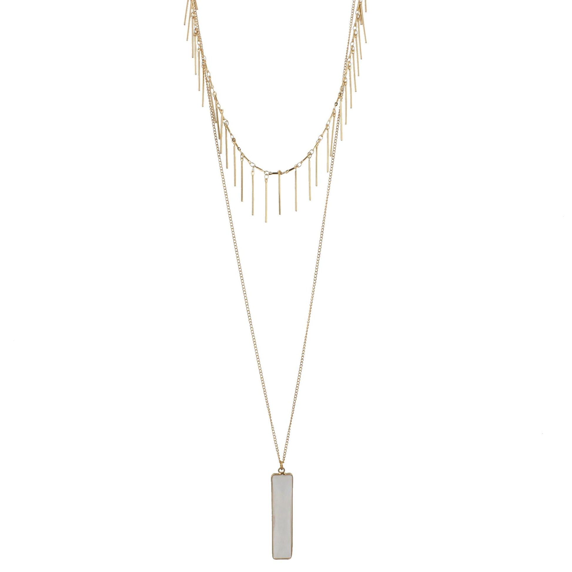 Gold Chain Necklace with Gold Fringe Layer and Clear Quartz Rectangle, 3" Ext