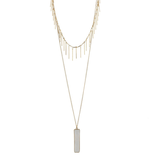Gold Chain Necklace with Gold Fringe Layer and Clear Quartz Rectangle, 3" Ext