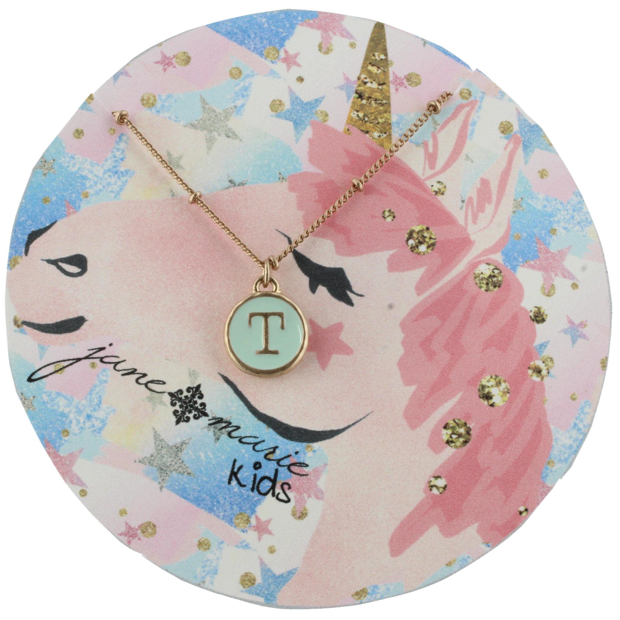 14" Kids Double Sided, Lower/Uppercase Mint and White T Initial Necklace, 3" Ext