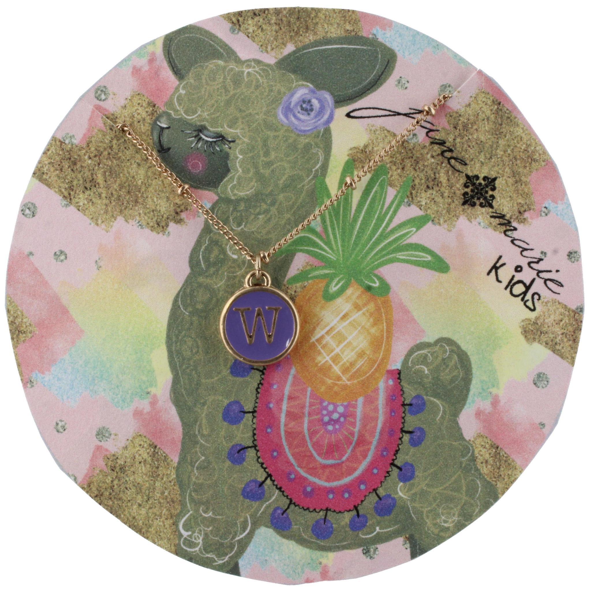 14" Kids Double Sided, Lower/Uppercase Purple and White W Initial Necklace, 3" Ext