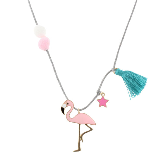 kids 14" Adjustable Grey Cord Necklace with Apoxy Flamingo