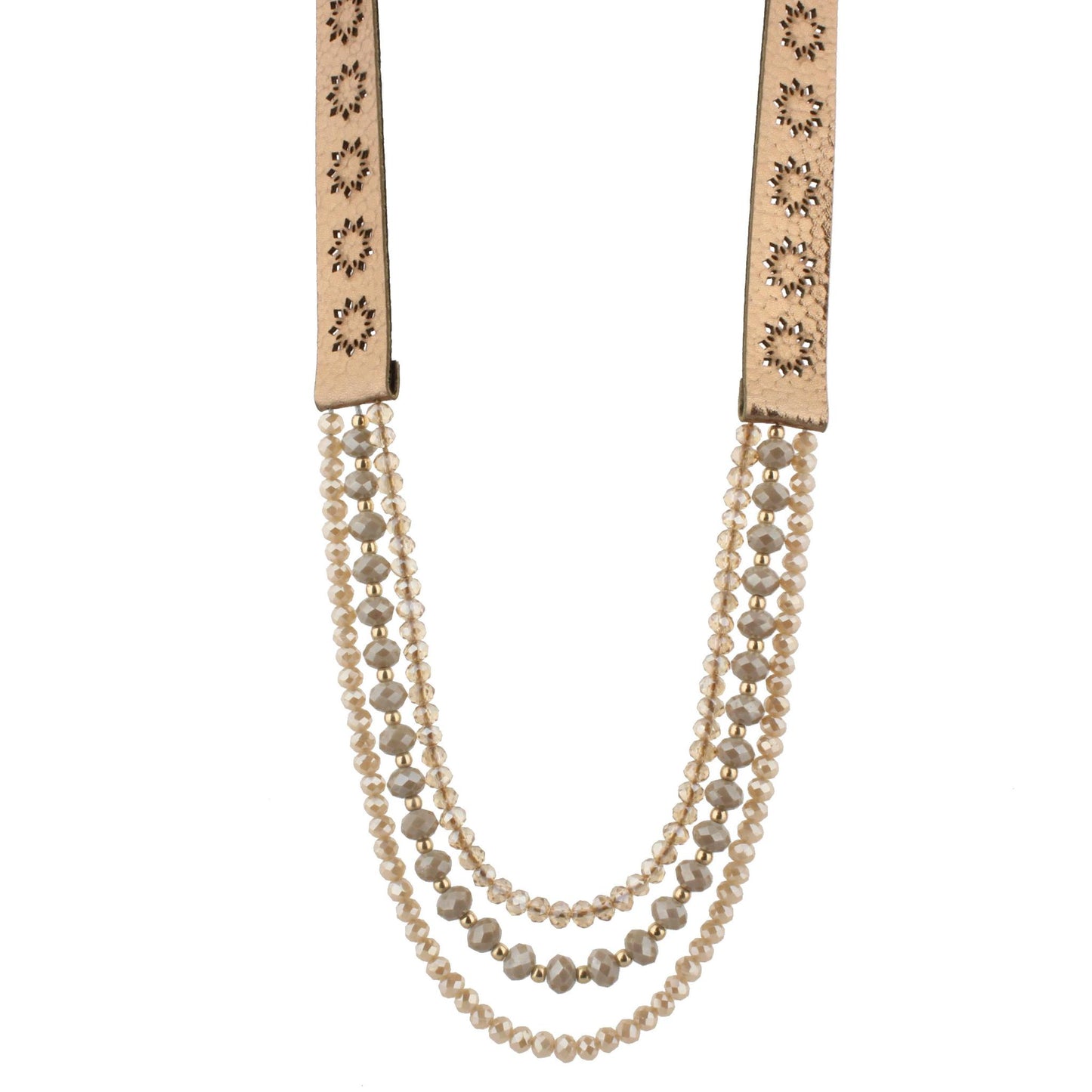 20" Bronze Leather with Champagne and Greige Multi Strands Necklace, 3" Ext