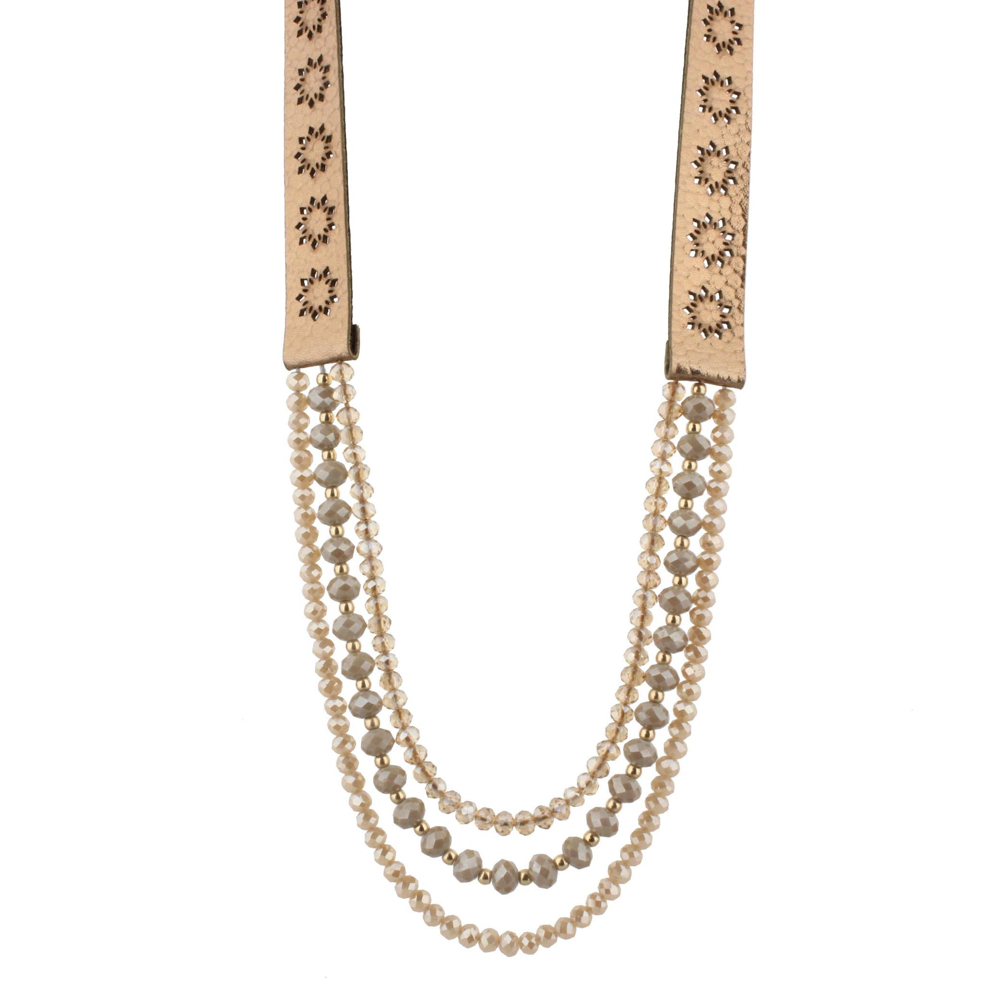 20" Bronze Leather with Champagne and Greige Multi Strands Necklace, 3" Ext