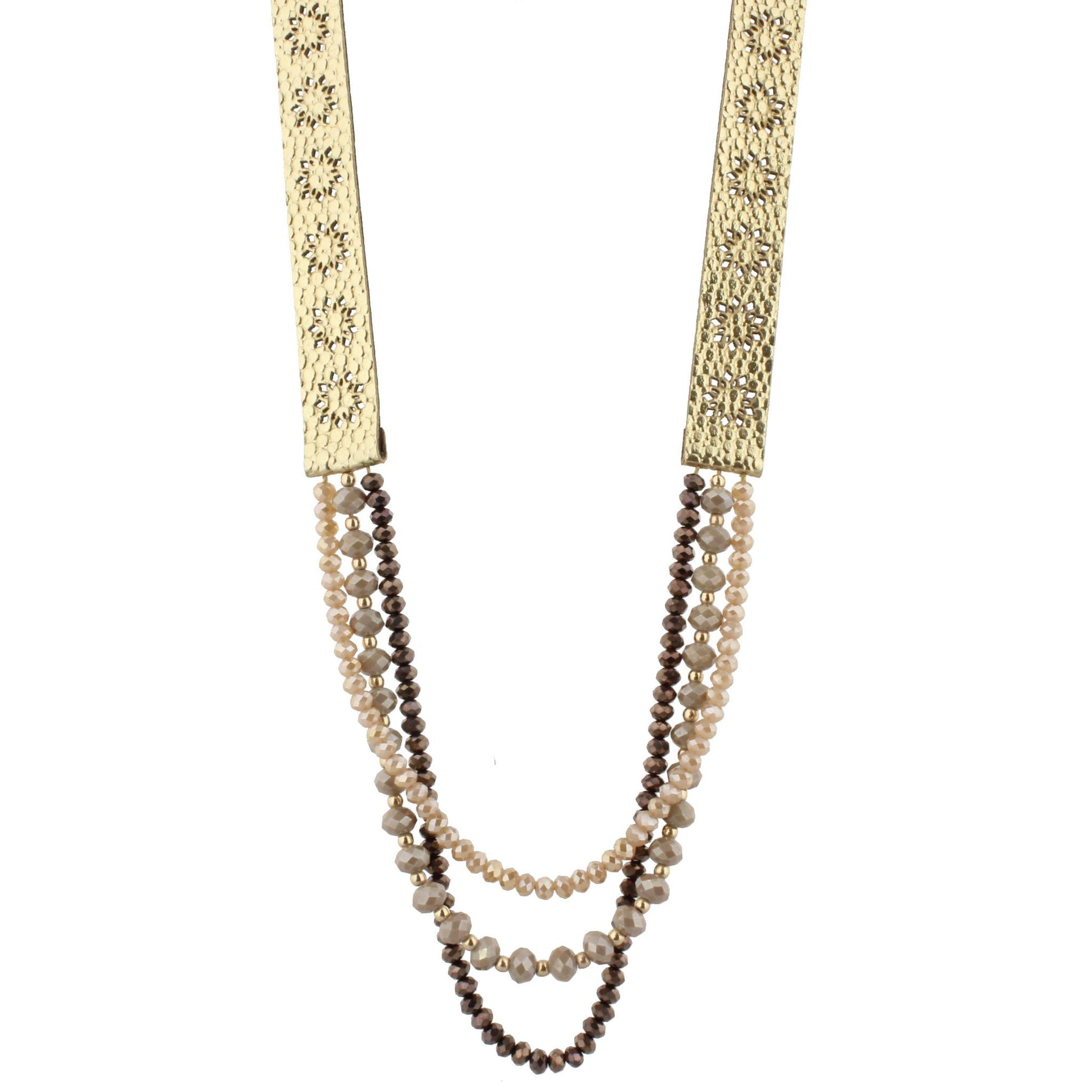 20" Gold Metallic Leather with Chocolate and Champagne Strands Necklace, 3" Ext