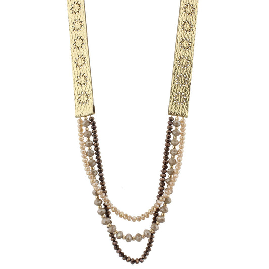 20" Gold Metallic Leather with Chocolate and Champagne Strands Necklace, 3" Ext