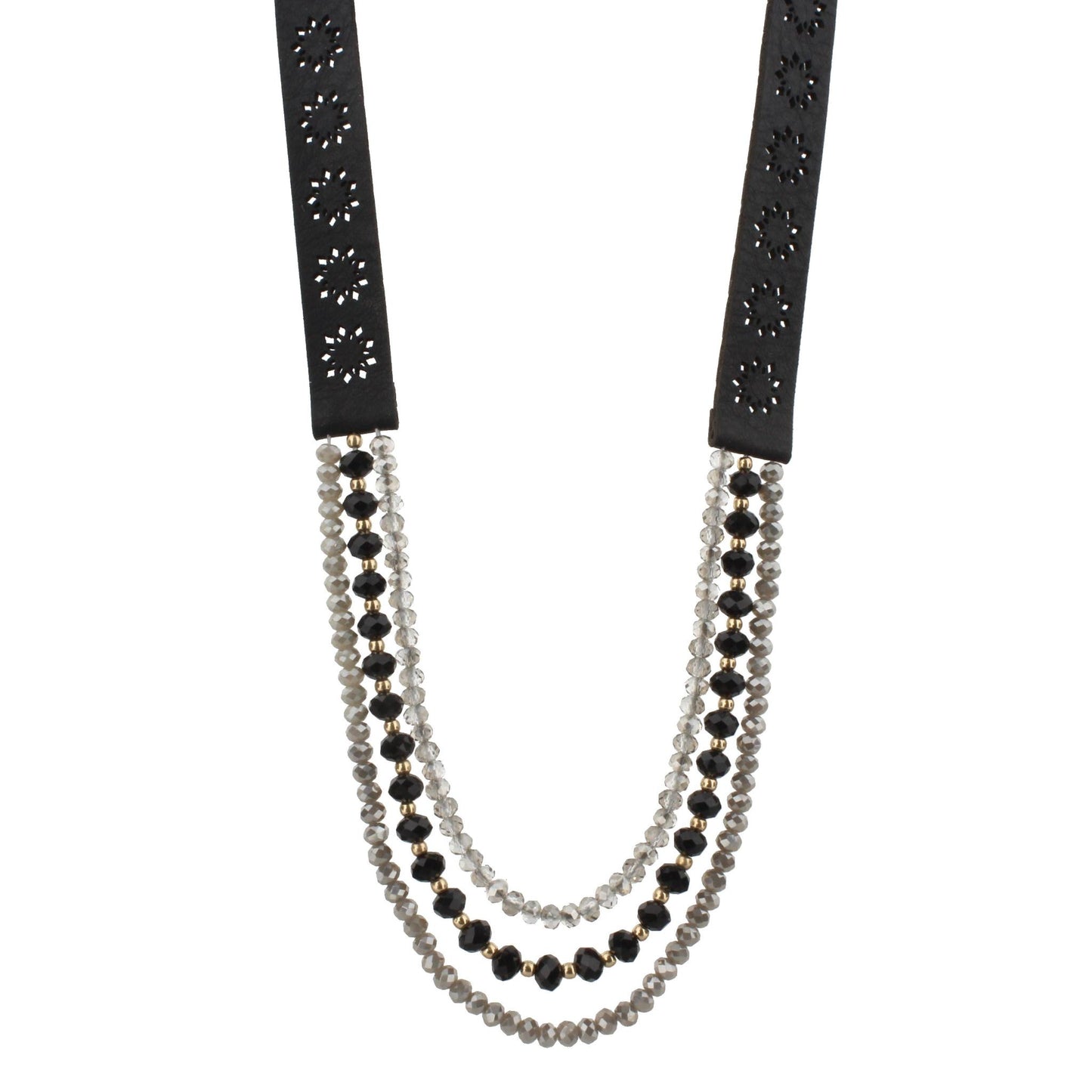 20" Jet Leather with Jet and Grey Multi Strands Necklace, 3" Ext