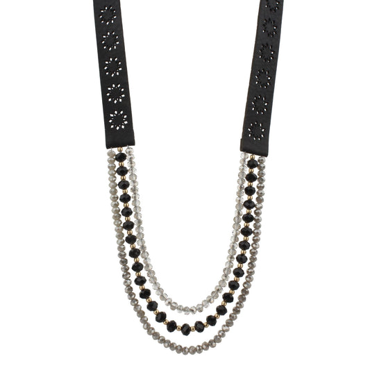 20" Jet Leather with Jet and Grey Multi Strands Necklace, 3" Ext