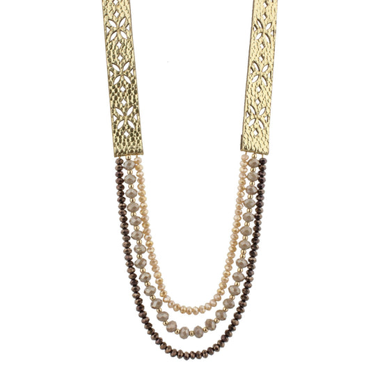 20" Gold Metallic Leather with Chocolate and Greige Multi Strands Necklace, 3" Ext
