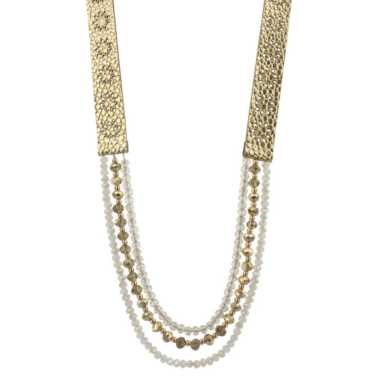 20" Gold Metallic Leather with Gold and Natural Multi Strands Necklace, 3" Ext
