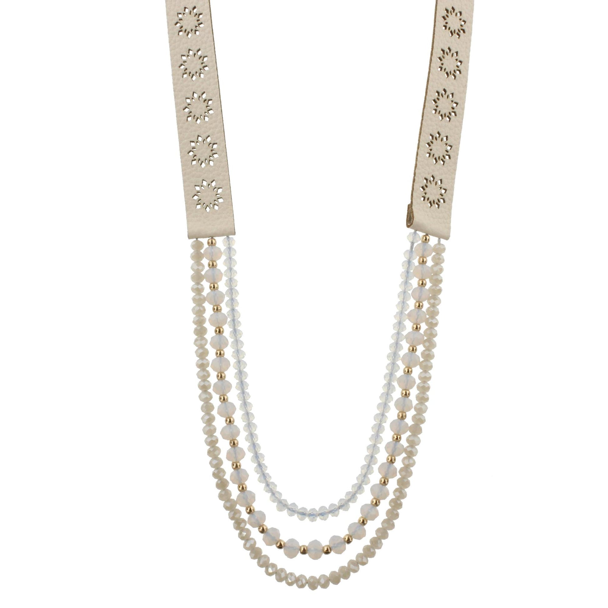 20" Cream Leather with Opal and Champagne Multi Strands Necklace, 3" Ext