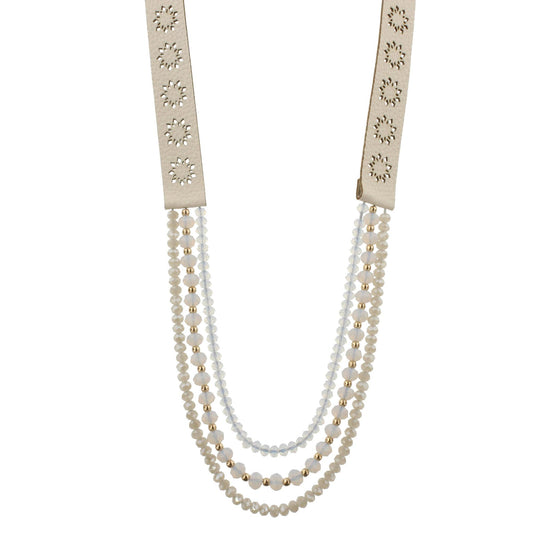 20" Cream Leather with Opal and Champagne Multi Strands Necklace, 3" Ext