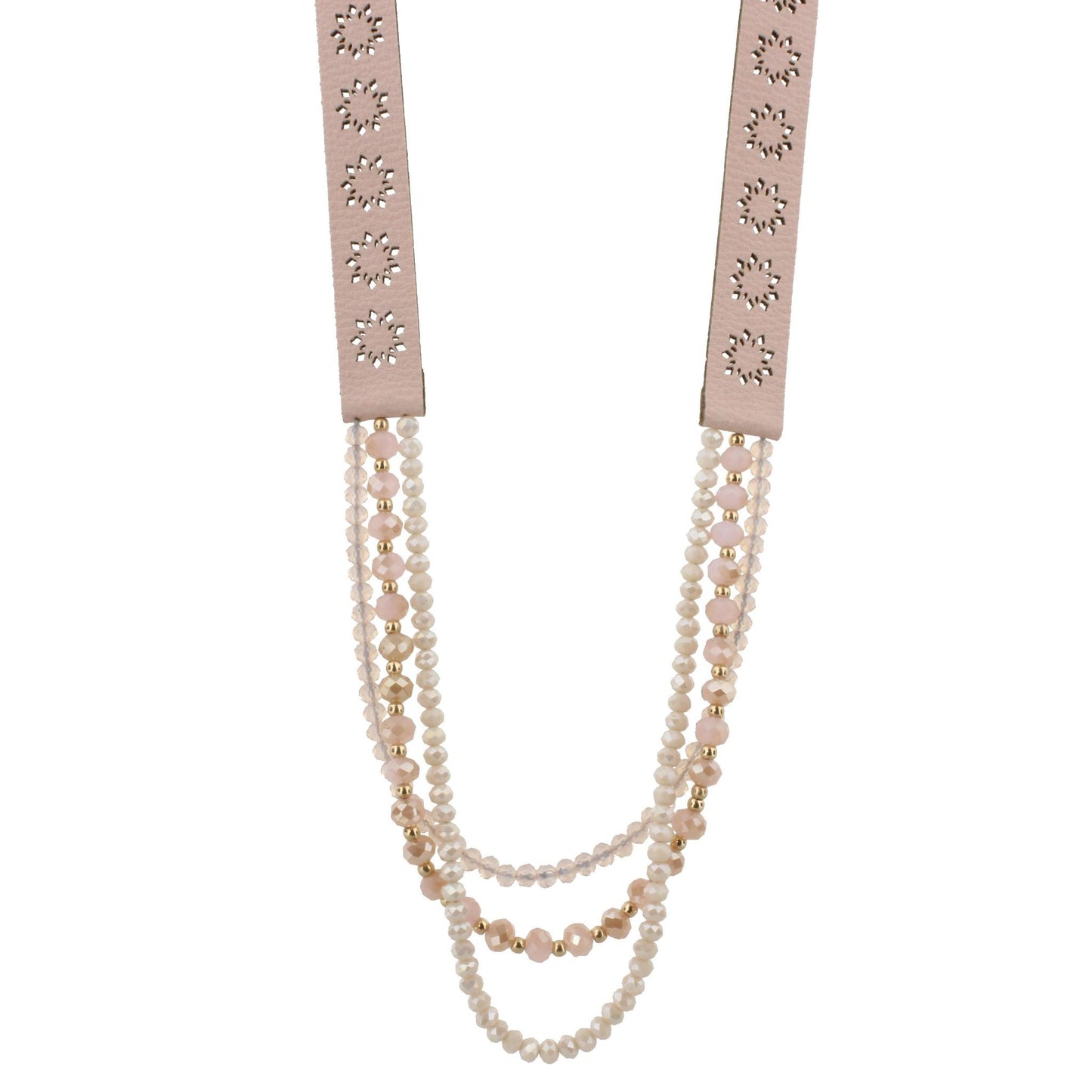 20" Pink Leather with Pink and Cream Multi Strands Necklace, 3" Ext