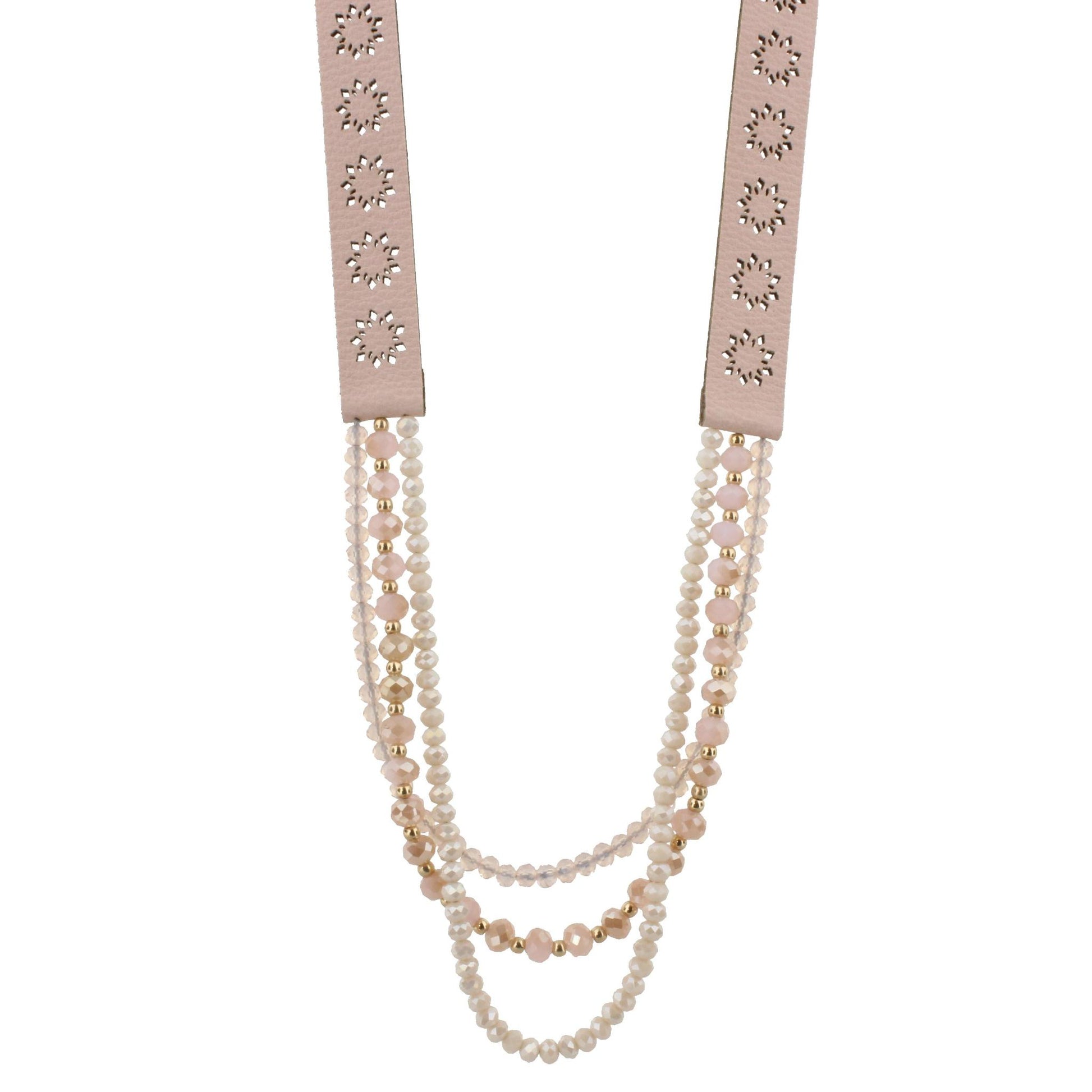 20" Pink Leather with Pink and Cream Multi Strands Necklace, 3" Ext