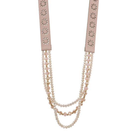 20" Pink Leather with Pink and Cream Multi Strands Necklace, 3" Ext