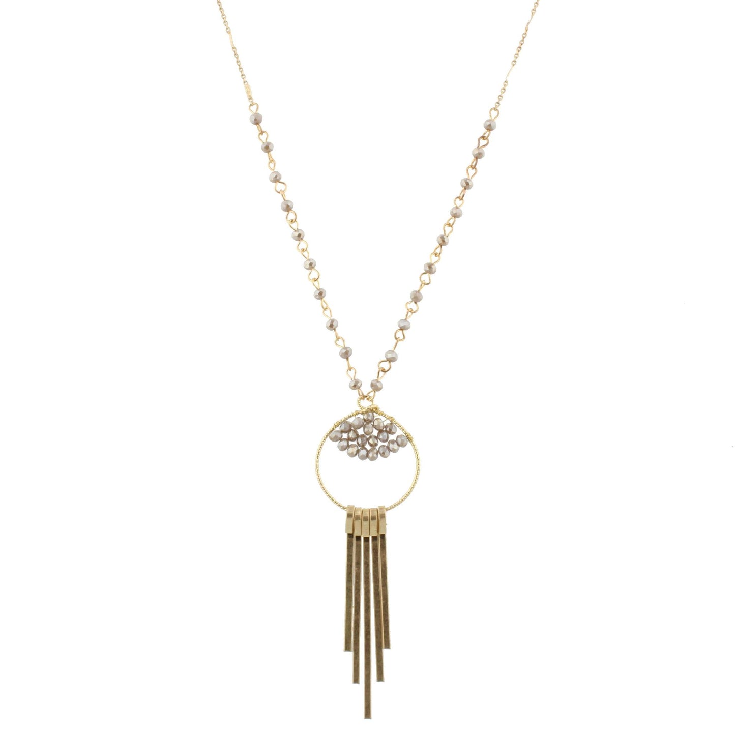 30" Partial Greige Linked Necklace with Bead Weave Circle and Gold Fringe, 3" Ext