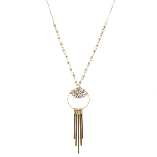 30" Partial Greige Linked Necklace with Bead Weave Circle and Gold Fringe, 3" Ext