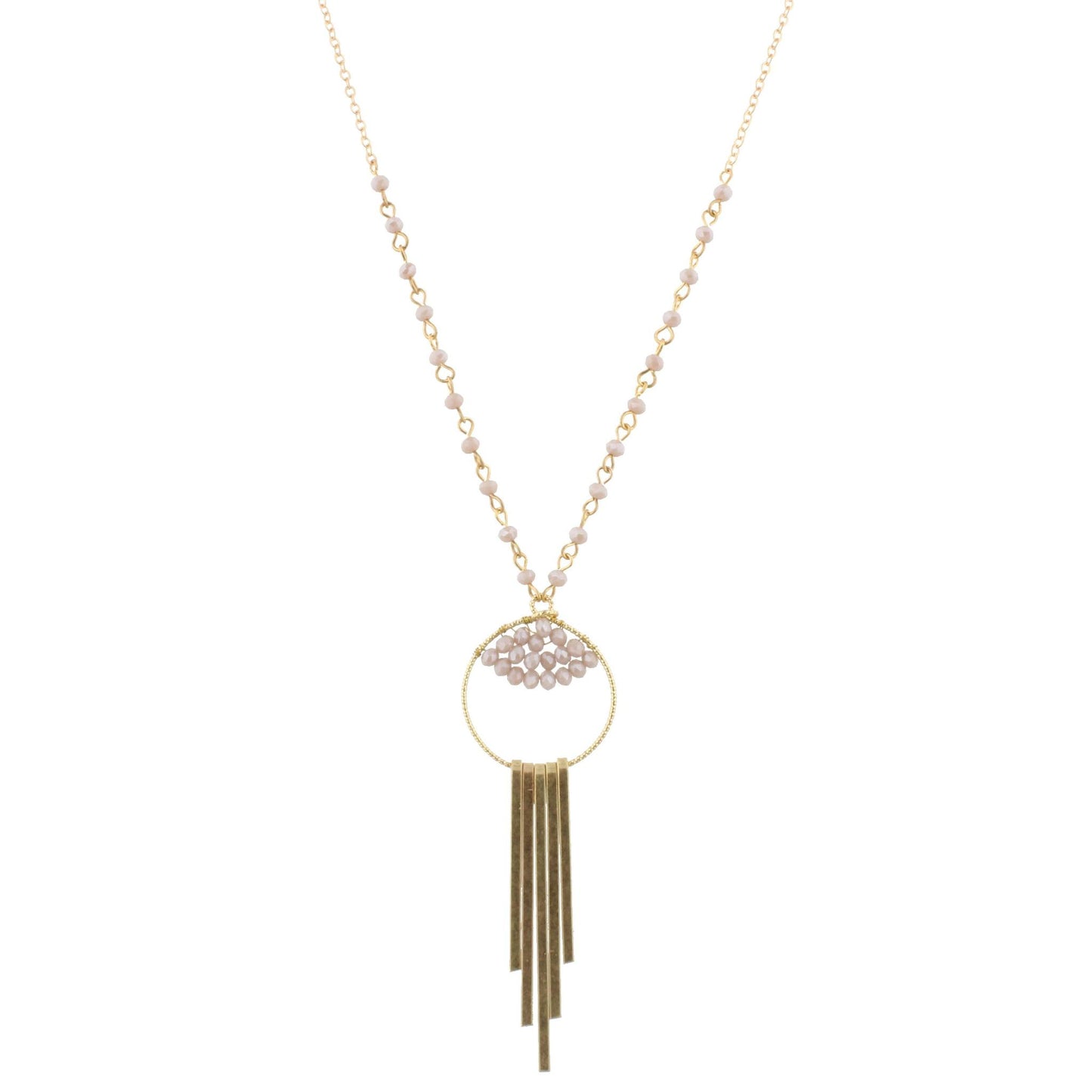30" Partial Grey Linked Necklace with Bead Weave Circle and Gold Fringe, 3" Ext