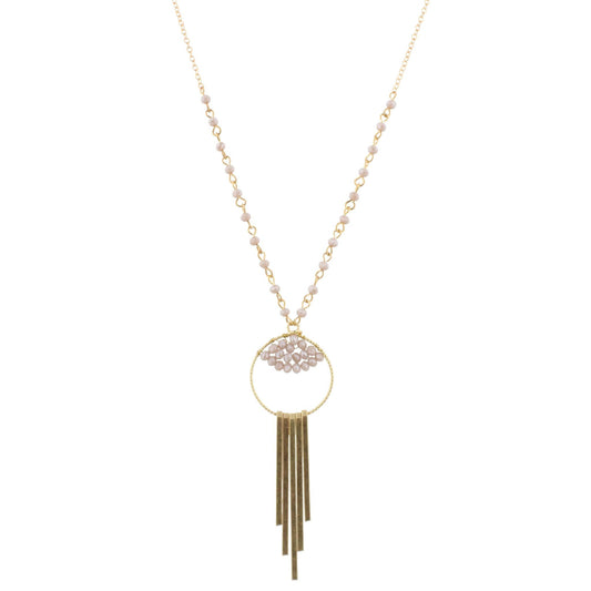 30" Partial Grey Linked Necklace with Bead Weave Circle and Gold Fringe, 3" Ext