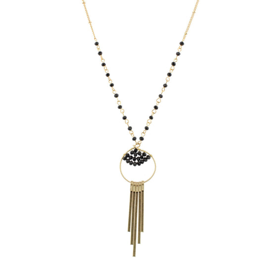 30" Partial Jet Linked Necklace with Bead Weave Circle and Gold Fringe, 3" Ext