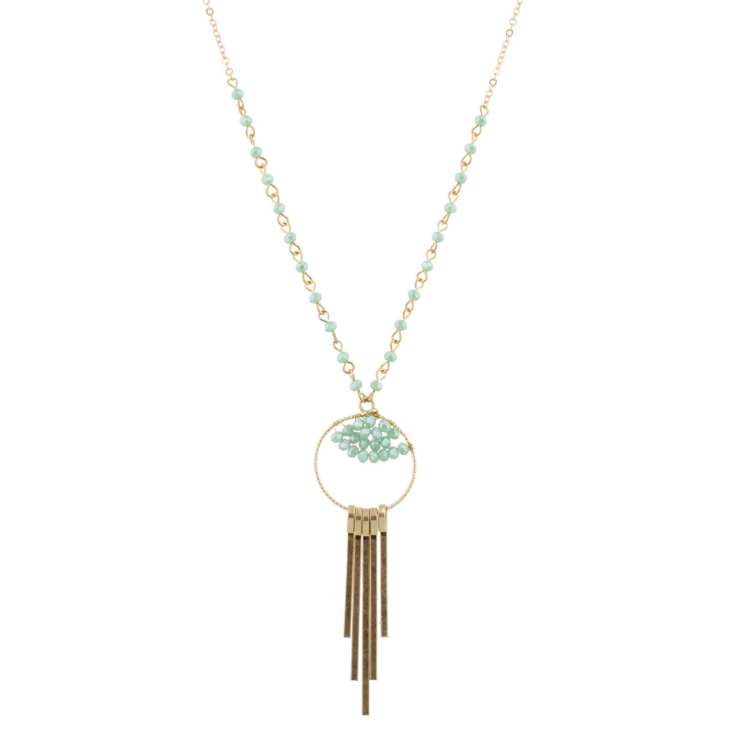 30" Partial Mint Linked Necklace with Bead Weave Circle and Gold Fringe, 3" Ext
