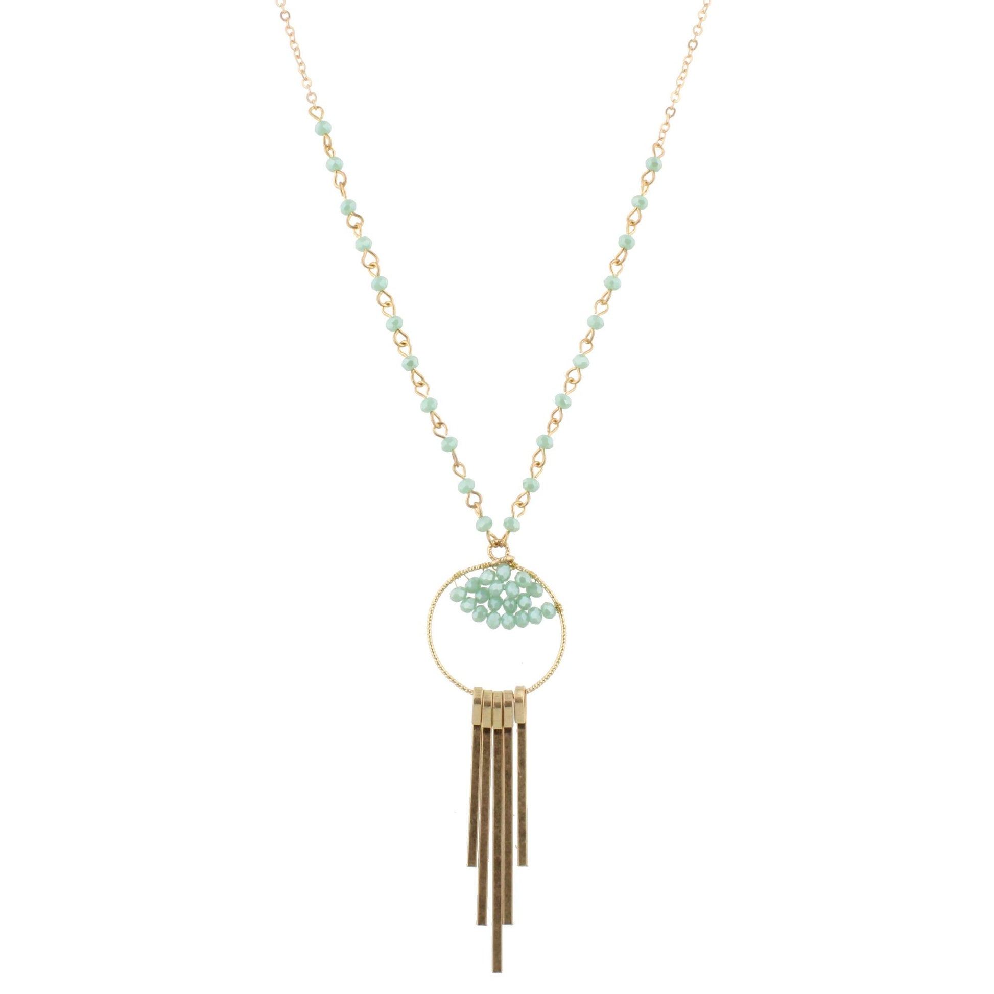 30" Partial Mint Linked Necklace with Bead Weave Circle and Gold Fringe, 3" Ext