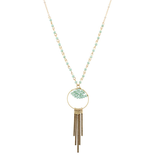30" Partial Mint Linked Necklace with Bead Weave Circle and Gold Fringe, 3" Ext