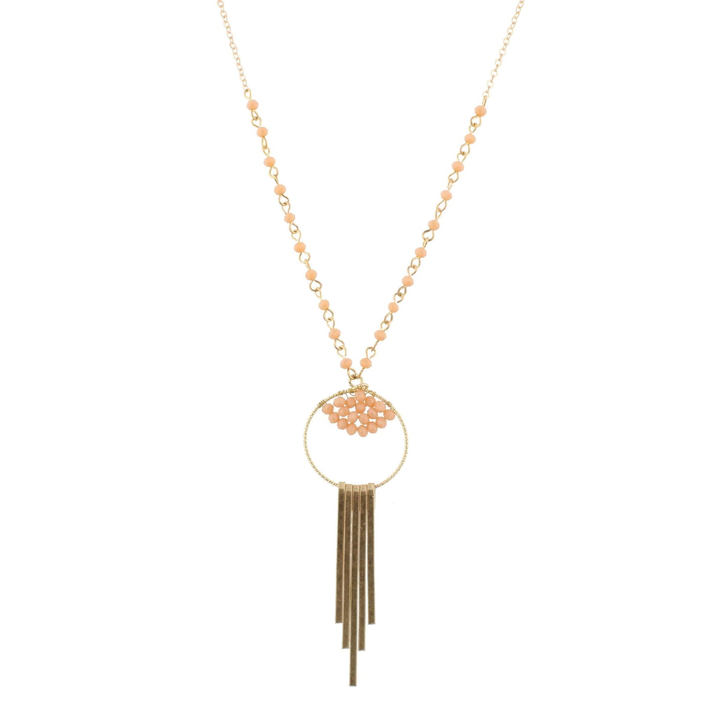 30" Partial Peach Jet Linked Necklace with Bead Weave Circle and Gold Fringe, 3" Ext