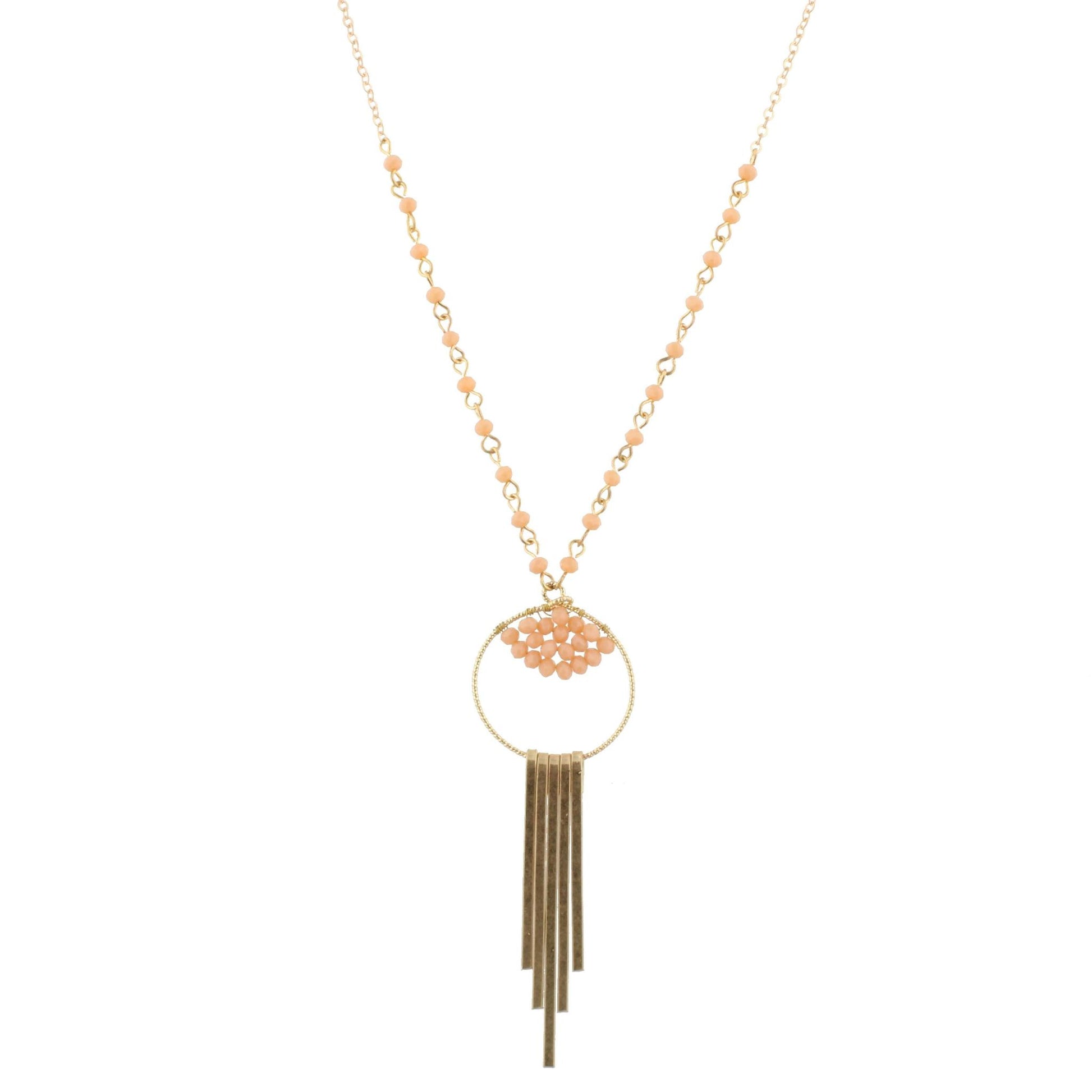 30" Partial Peach Jet Linked Necklace with Bead Weave Circle and Gold Fringe, 3" Ext