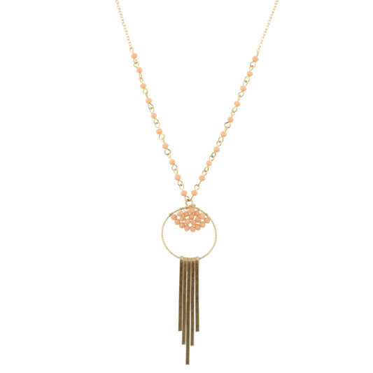 30" Partial Peach Jet Linked Necklace with Bead Weave Circle and Gold Fringe, 3" Ext
