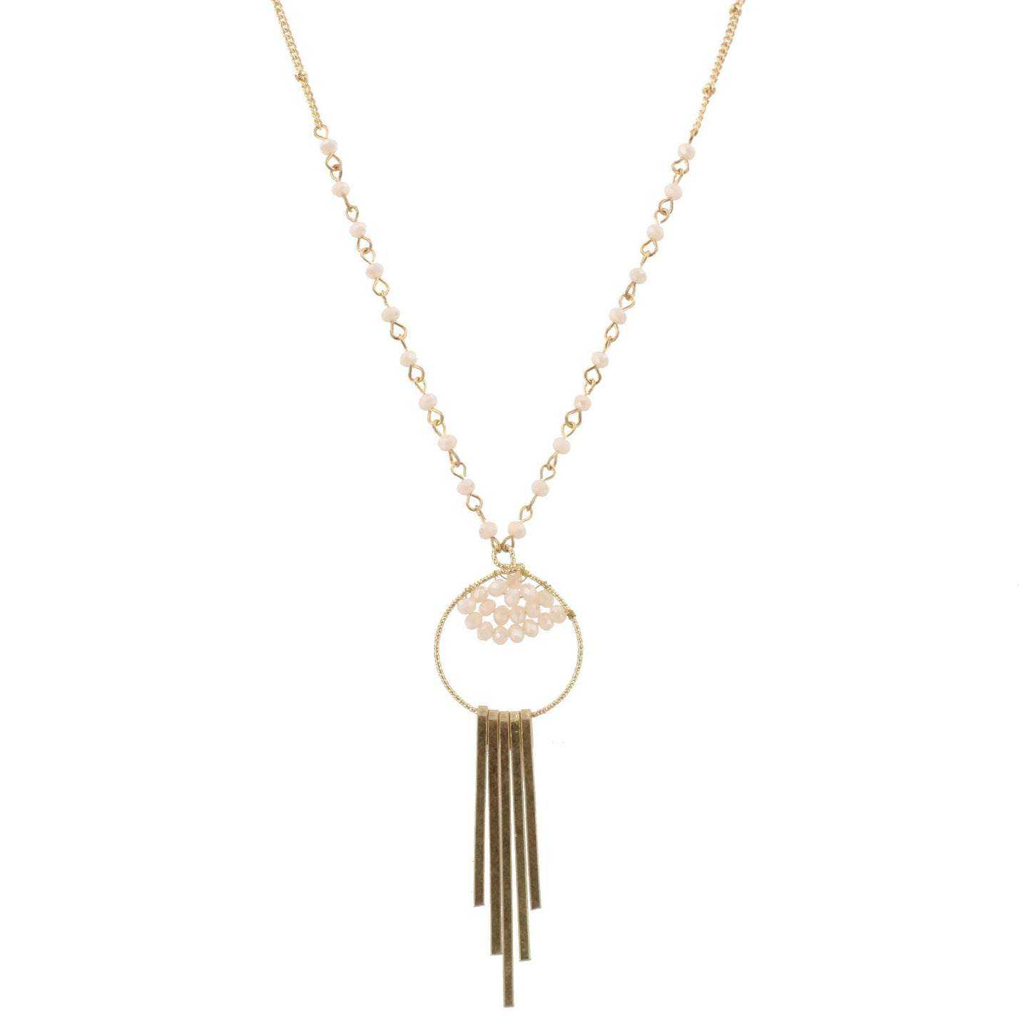 30" Partial Pink Nude Linked Necklace with Bead Weave Circle and Gold Fringe, 3" Ext