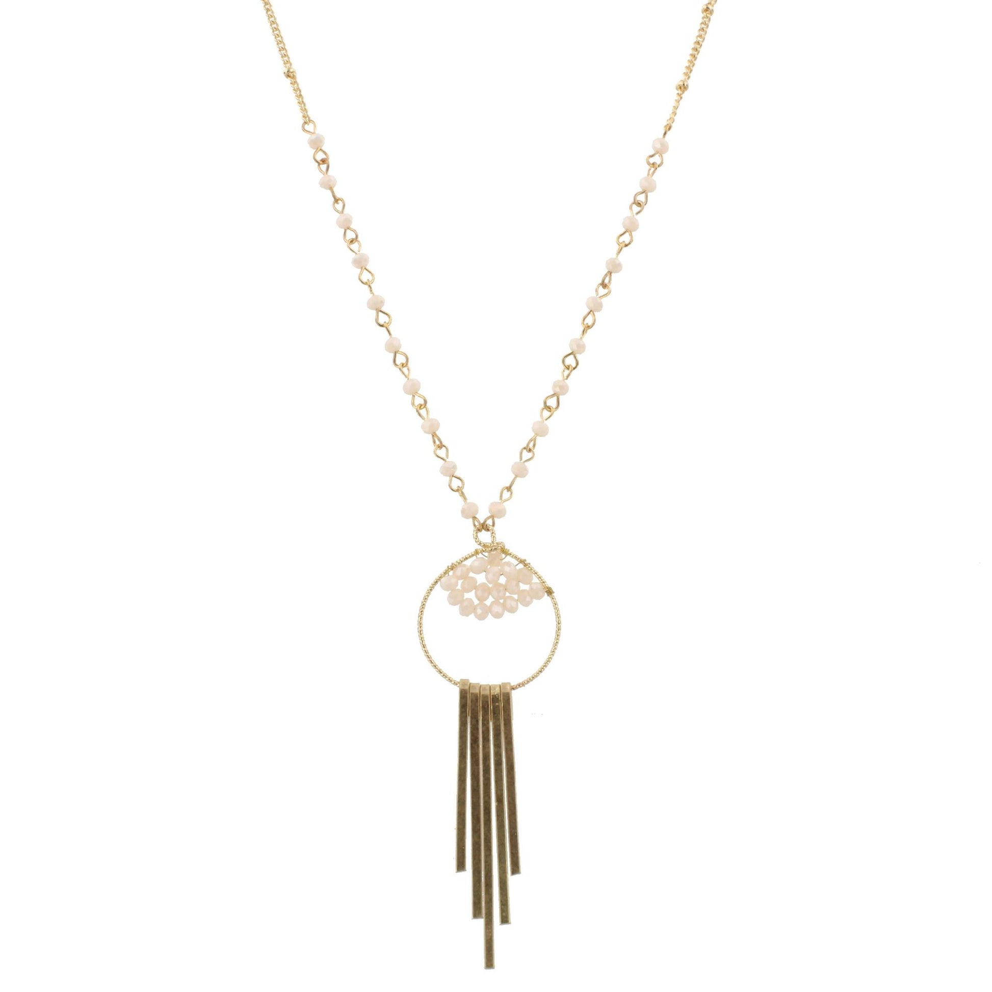 30" Partial Pink Nude Linked Necklace with Bead Weave Circle and Gold Fringe, 3" Ext