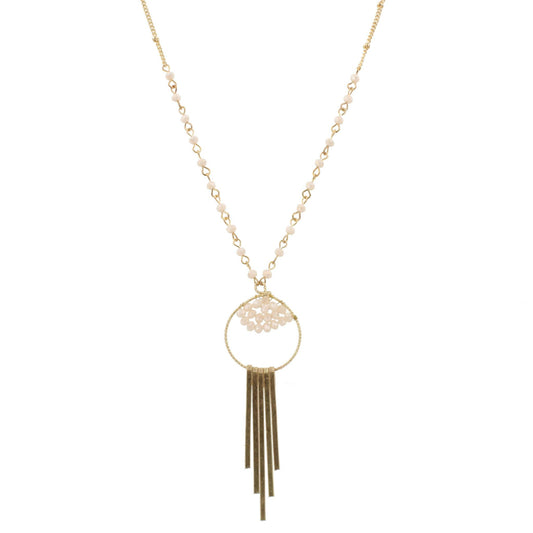 30" Partial Pink Nude Linked Necklace with Bead Weave Circle and Gold Fringe, 3" Ext