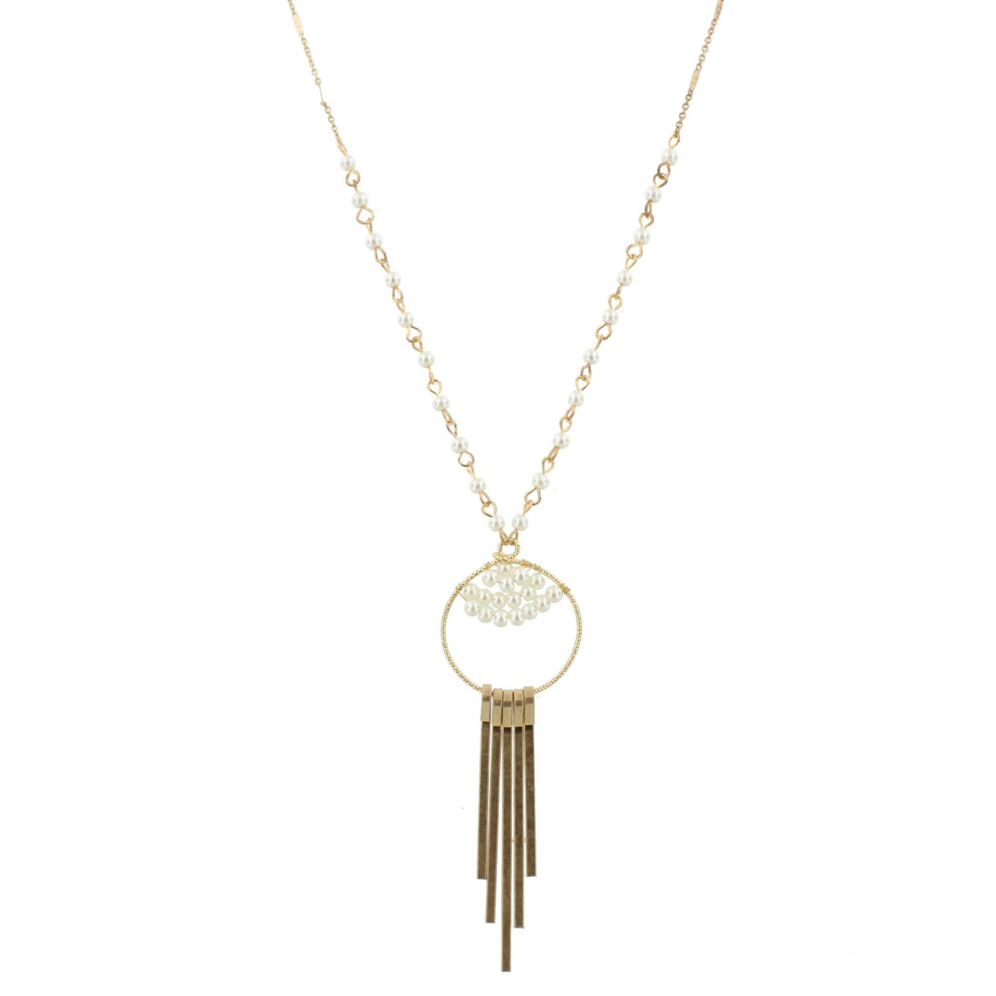30" Partial Pearl Linked Necklace with Bead Weave Circle and Gold Fringe, 3" Ext