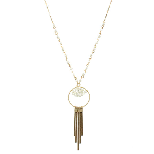 30" Partial Pearl Linked Necklace with Bead Weave Circle and Gold Fringe, 3" Ext