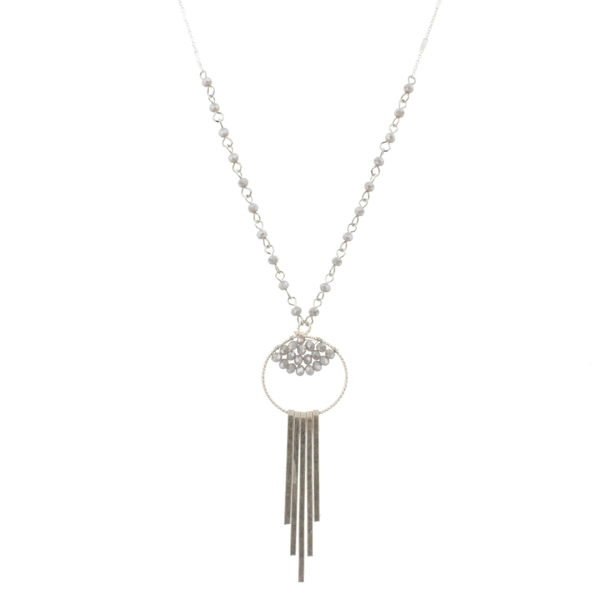 30" Partial Grey Linked Necklace with Bead Weave Circle and Silver Fringe, 3" Ext
