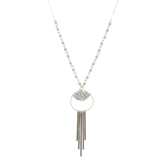 30" Partial Grey Linked Necklace with Bead Weave Circle and Silver Fringe, 3" Ext