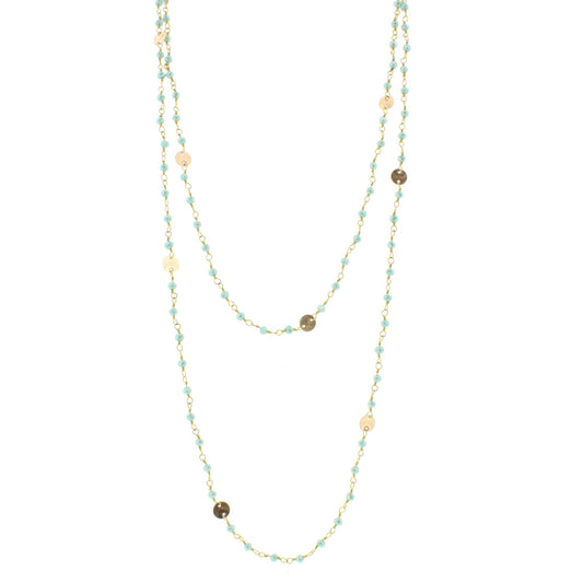 60" Blue Mint Wire Wrapped Link Necklace with Gold Disks and Lobster Claw