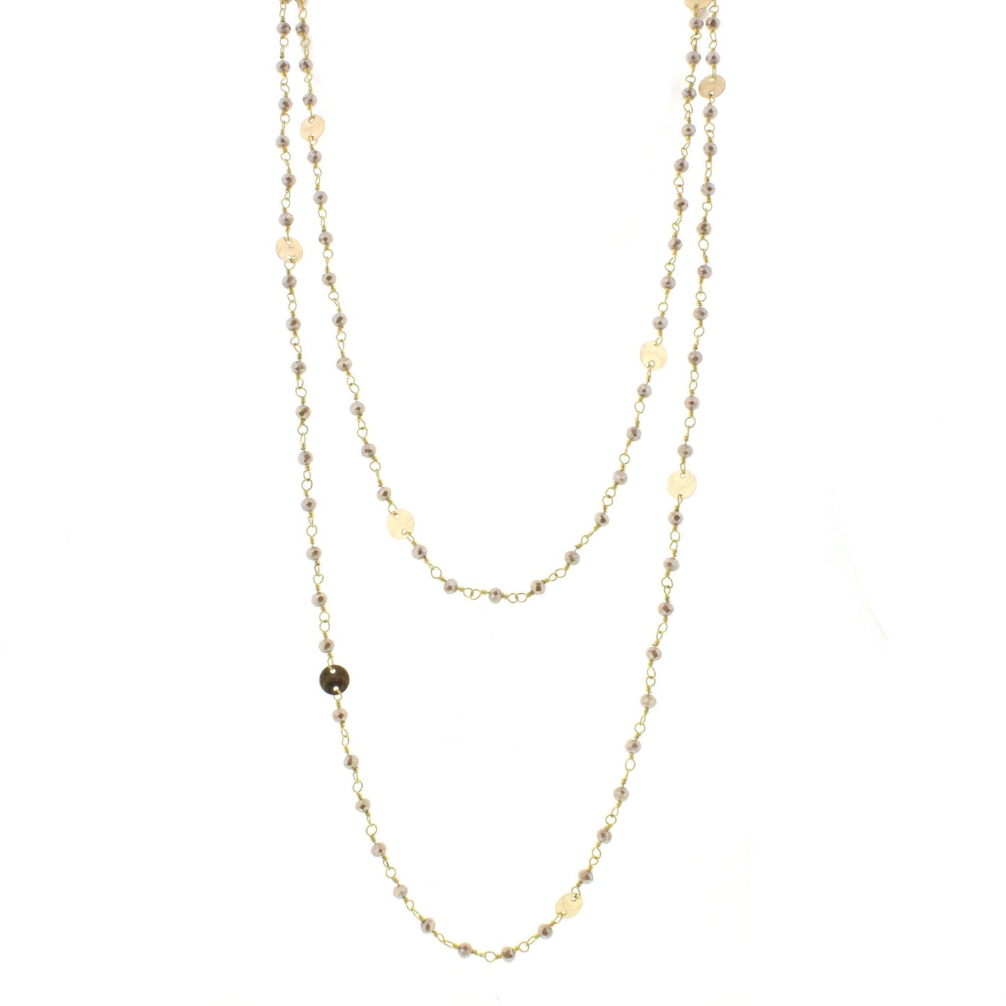 60" Greige Wire Wrapped Link Necklace with Gold Disks and Lobster Claw