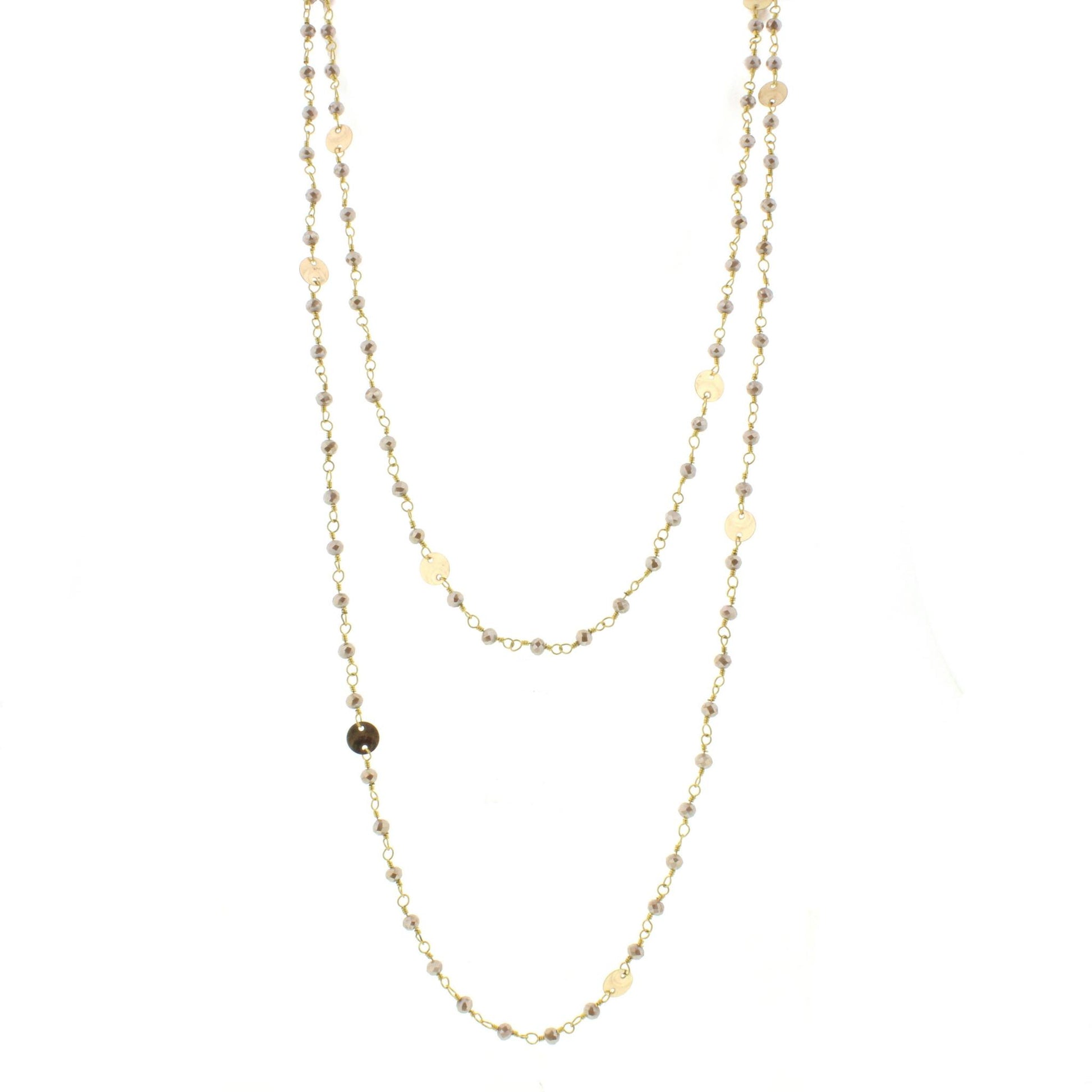 60" Greige Wire Wrapped Link Necklace with Gold Disks and Lobster Claw